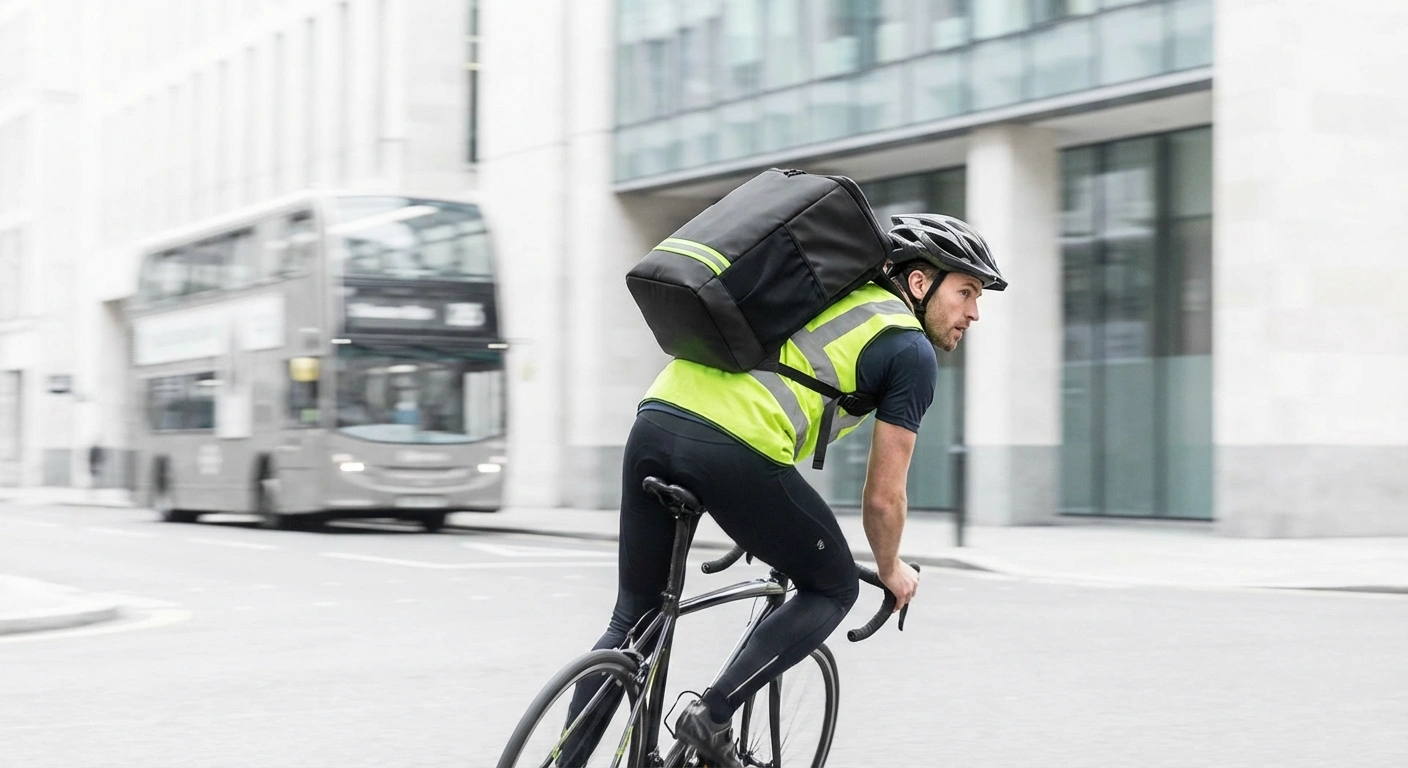 Bike courier delivering packages through London traffic