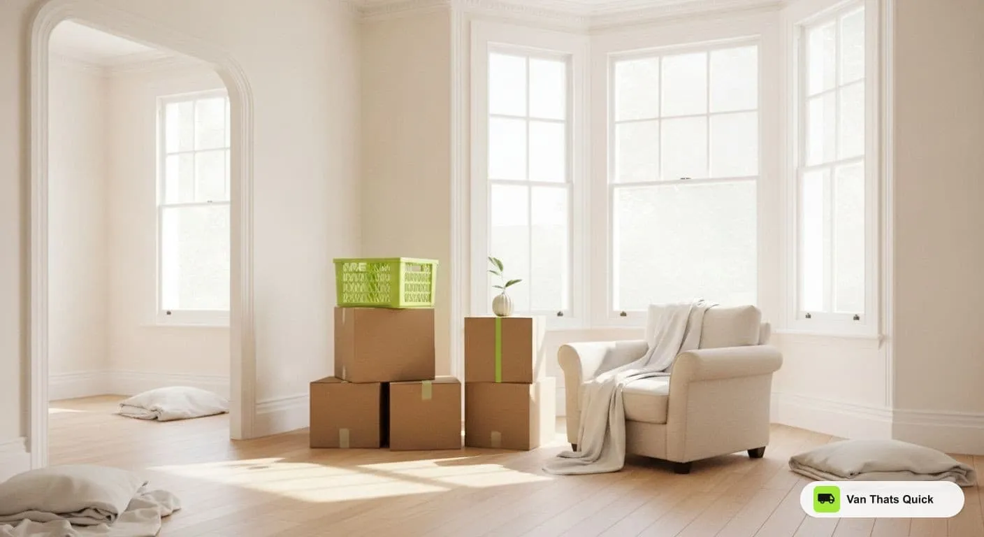 Illustration of a bright, emptied living room with a few packed boxes and an armchair set aside by the window