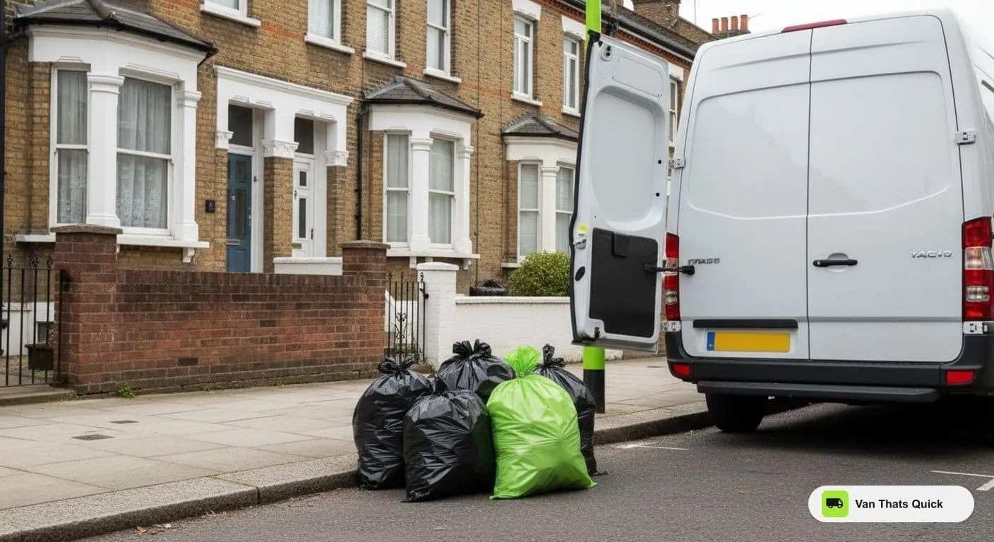 Illustration of a white van with its rear doors open beside bagged rubbish on the pavement of a residential street