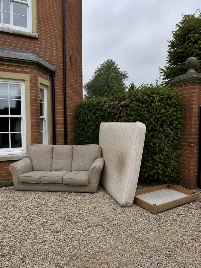 A worn fabric sofa, a used double mattress and a divan base standing on gravel outside a red brick house